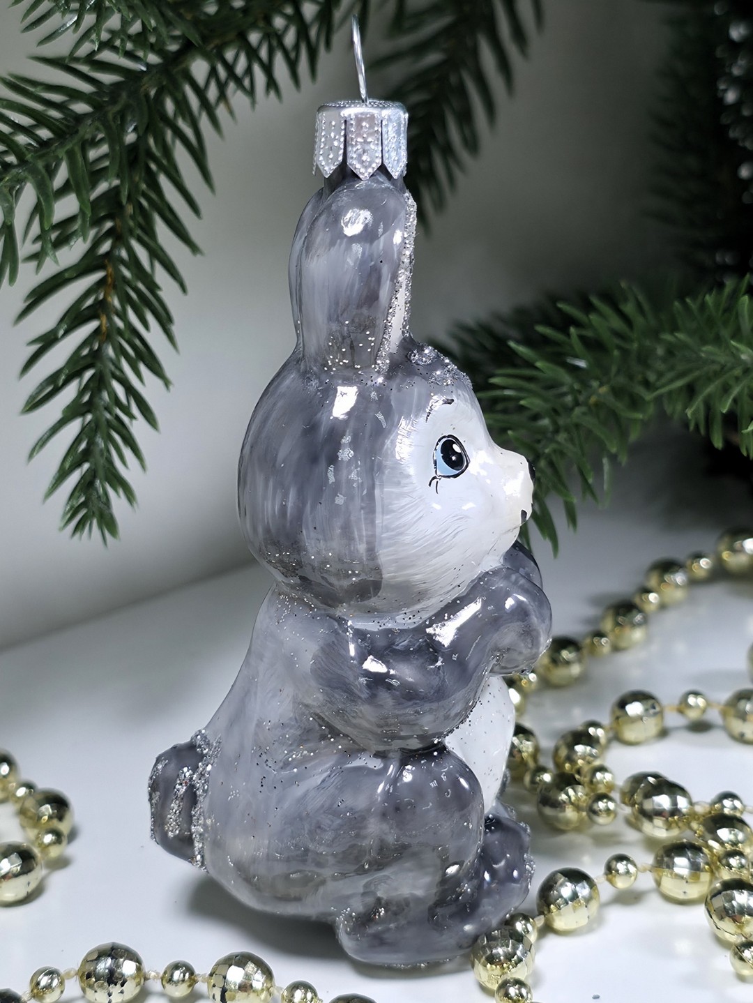 фото Стеклянная елочная игрушка Зайчик