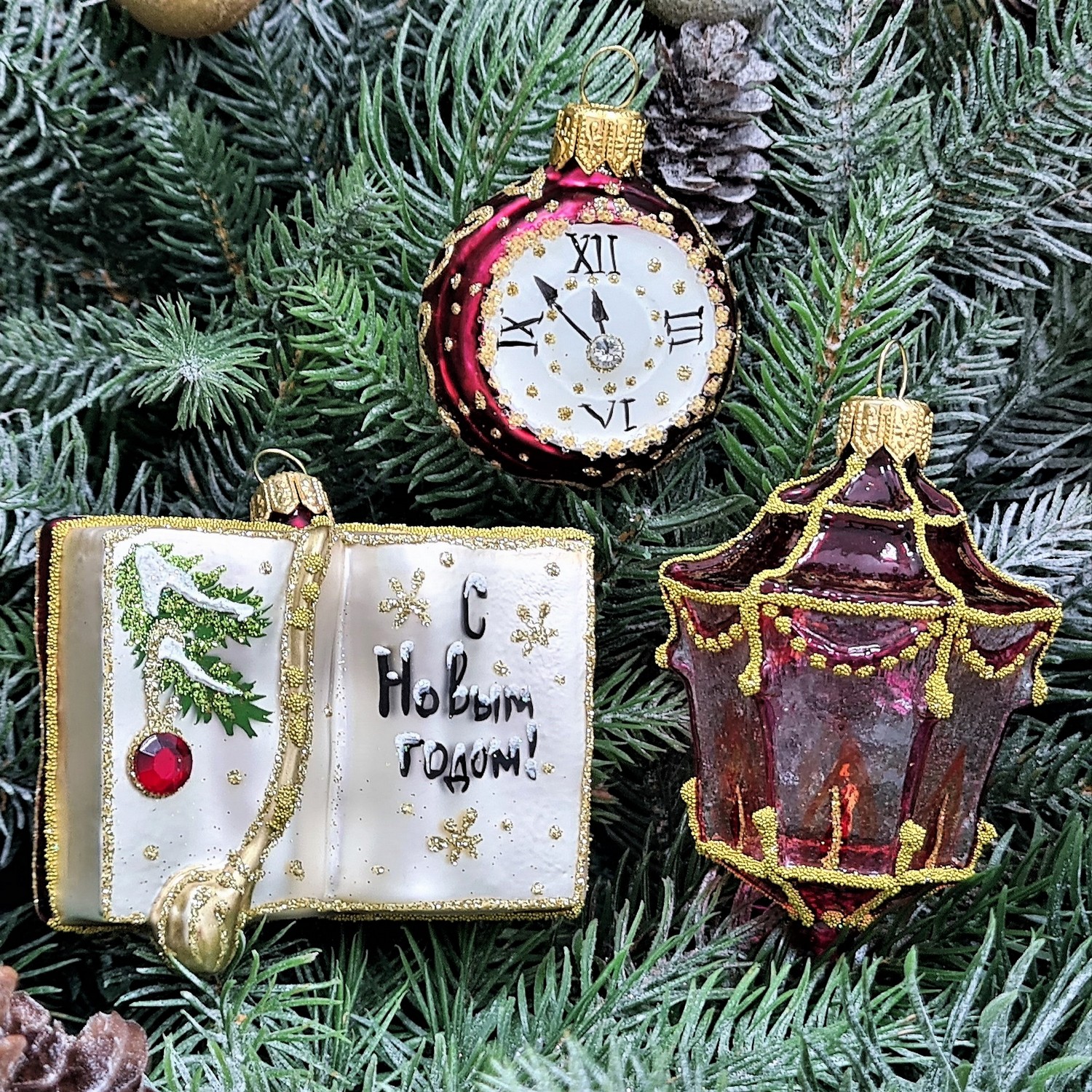 фото Набор ёлочных игрушек Часы, фонарь и книга