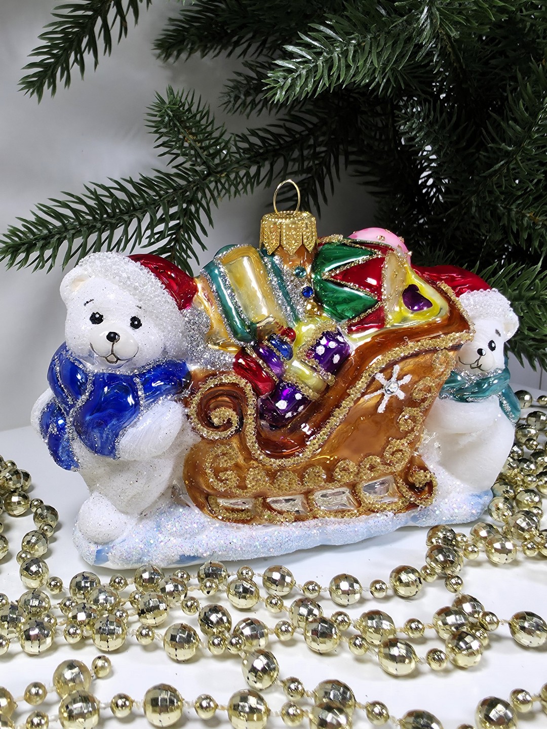 фото Стеклянная елочная игрушка Мишки тянут саночки