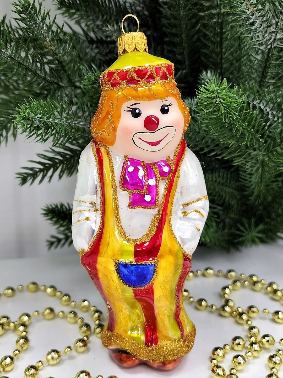 фото Стеклянная елочная игрушка Клоун с бантом