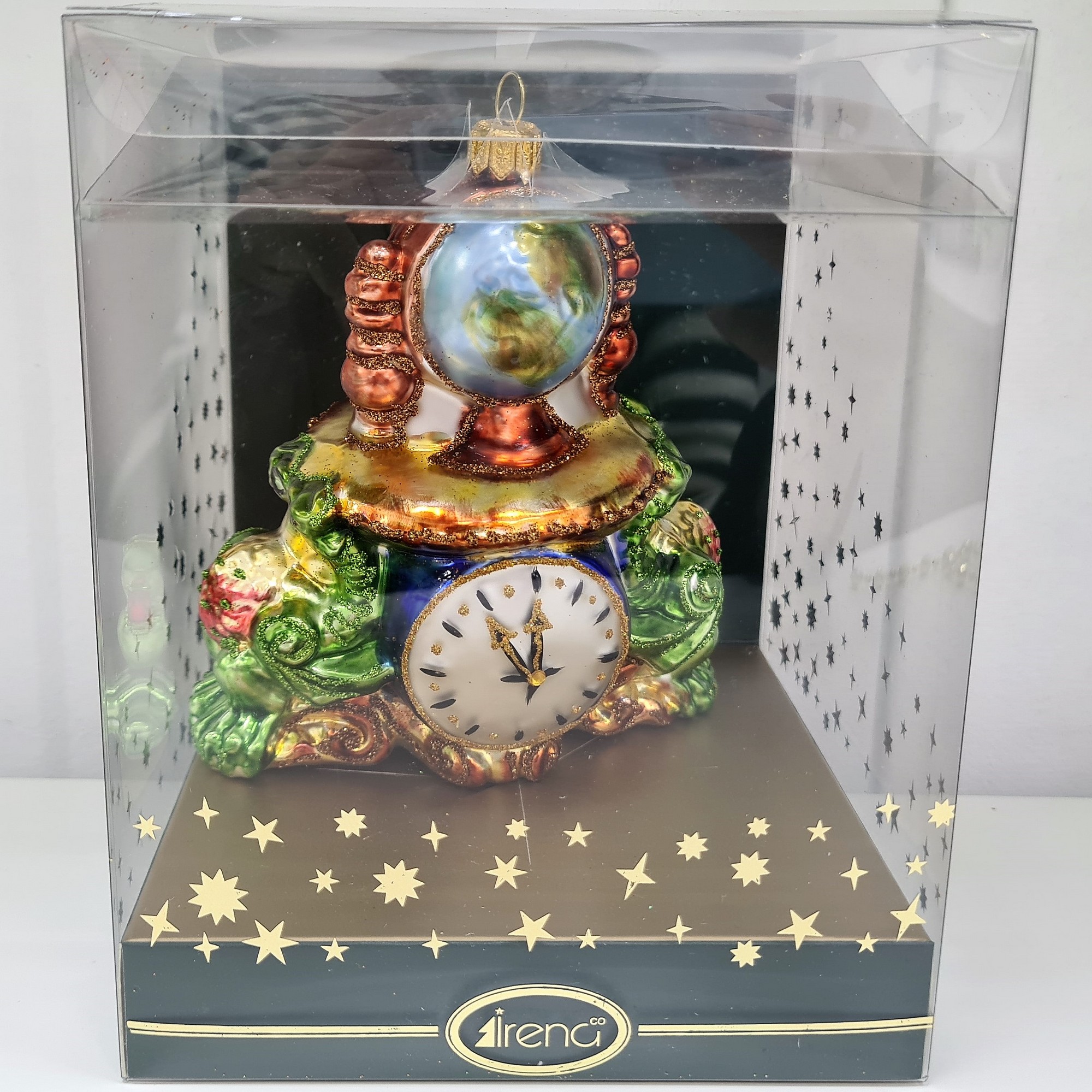 фото Стеклянная елочная игрушка Часы с глобусом