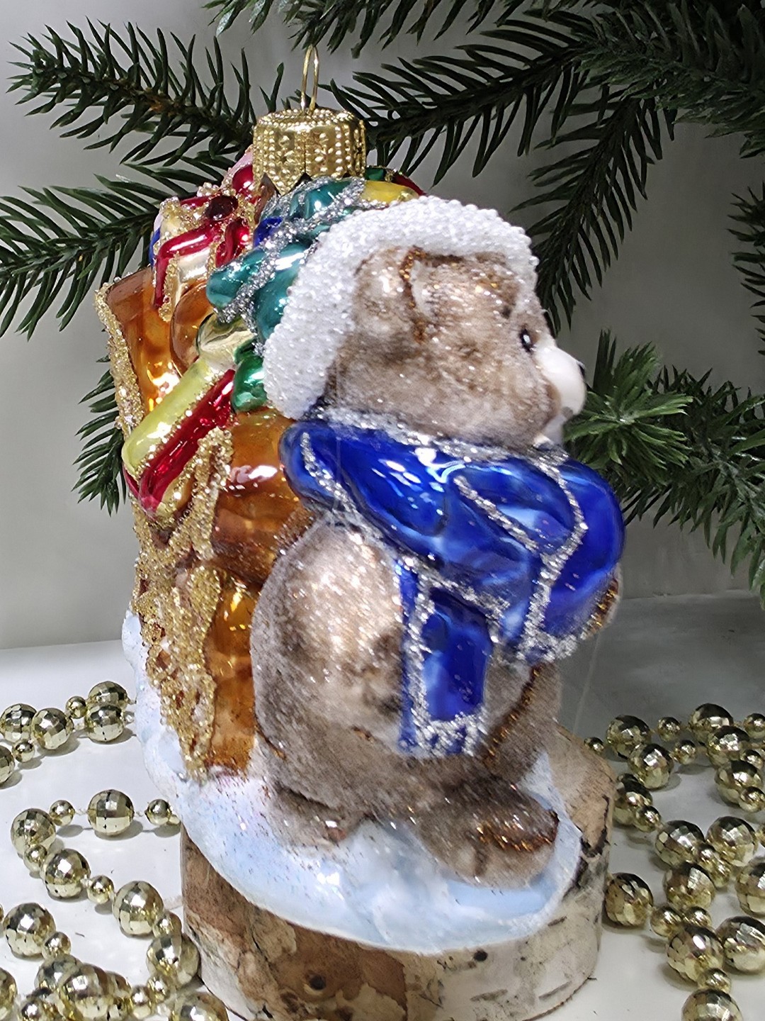 фото Стеклянная елочная игрушка Мишки тянут саночки