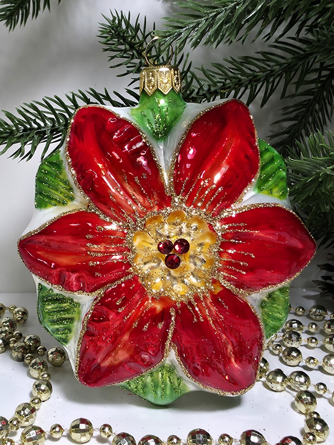 фото Стеклянная елочная игрушка Пуансетия