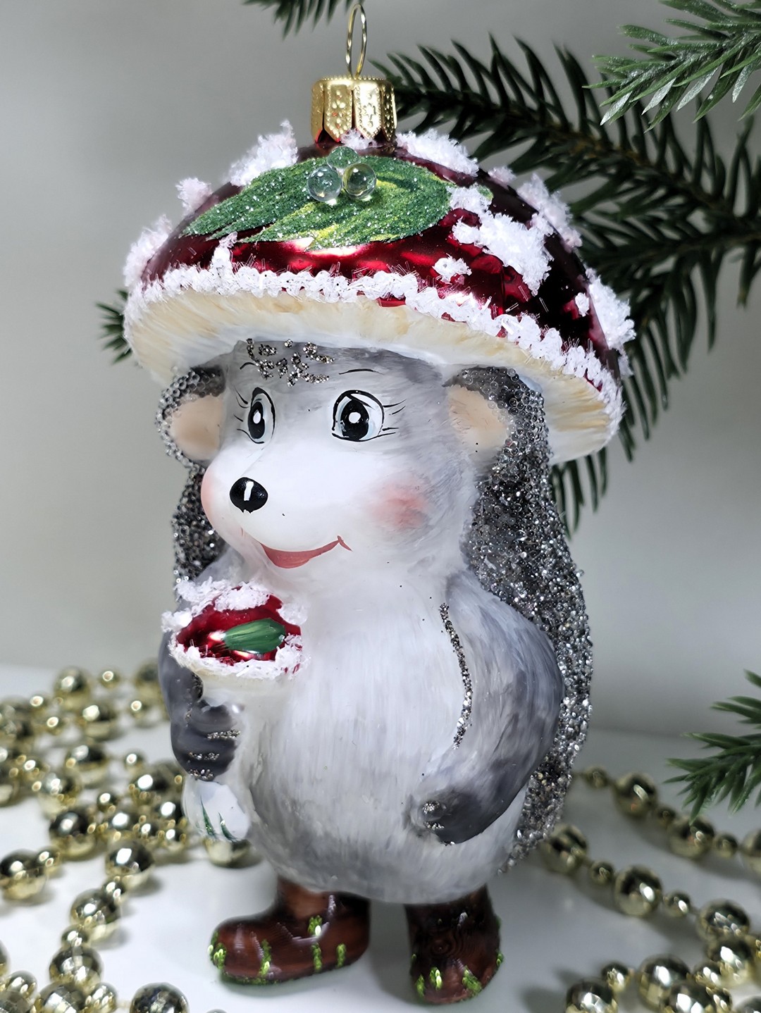 фото Стеклянная елочная игрушка Ежик грибок мухомор