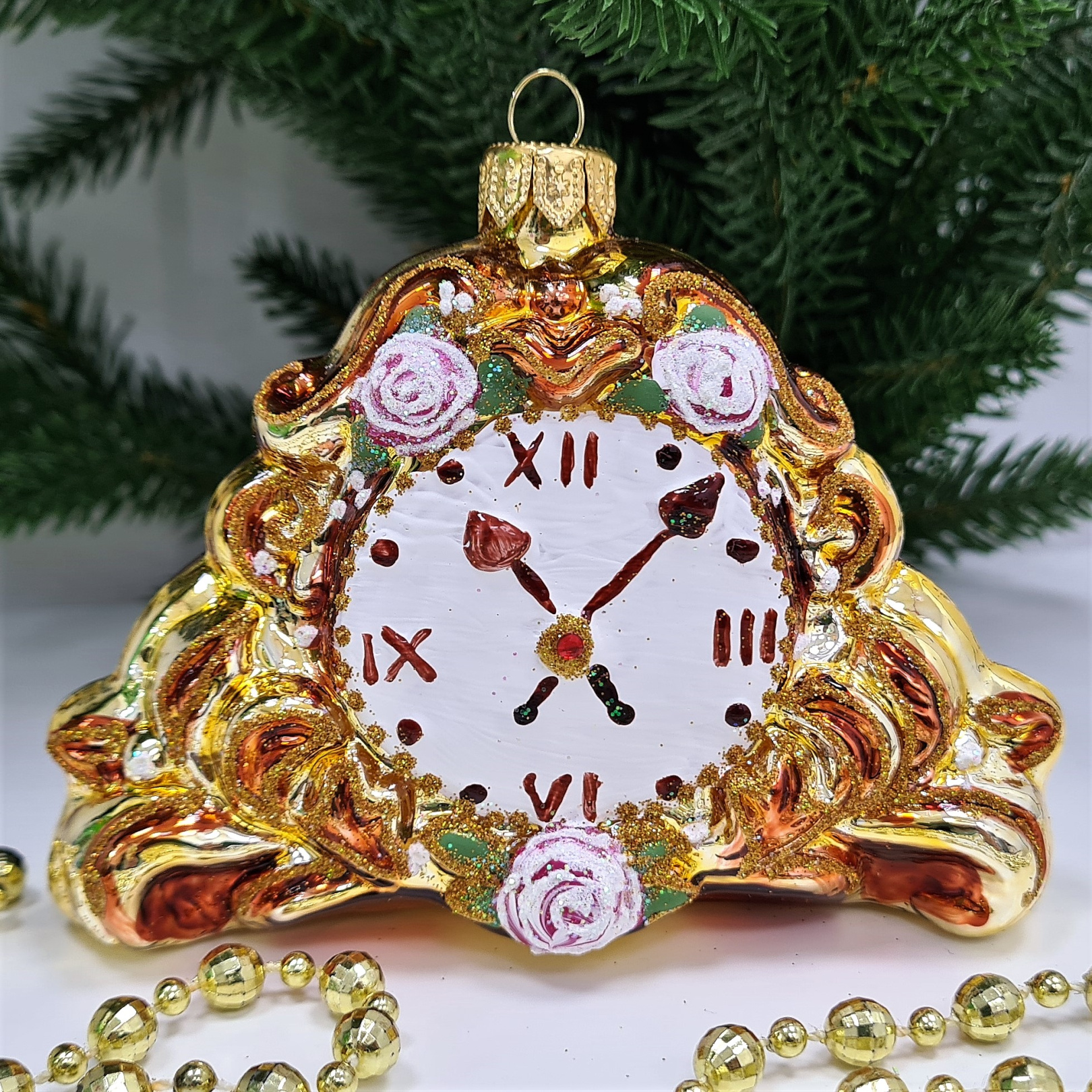 фото Стеклянная елочная игрушка Часы каминные