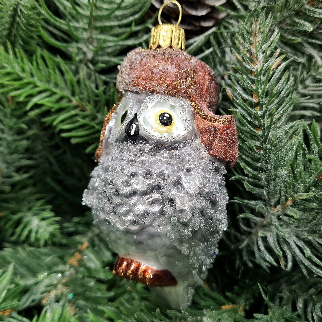 фото Стеклянная елочная игрушка Сова в ушанке-1