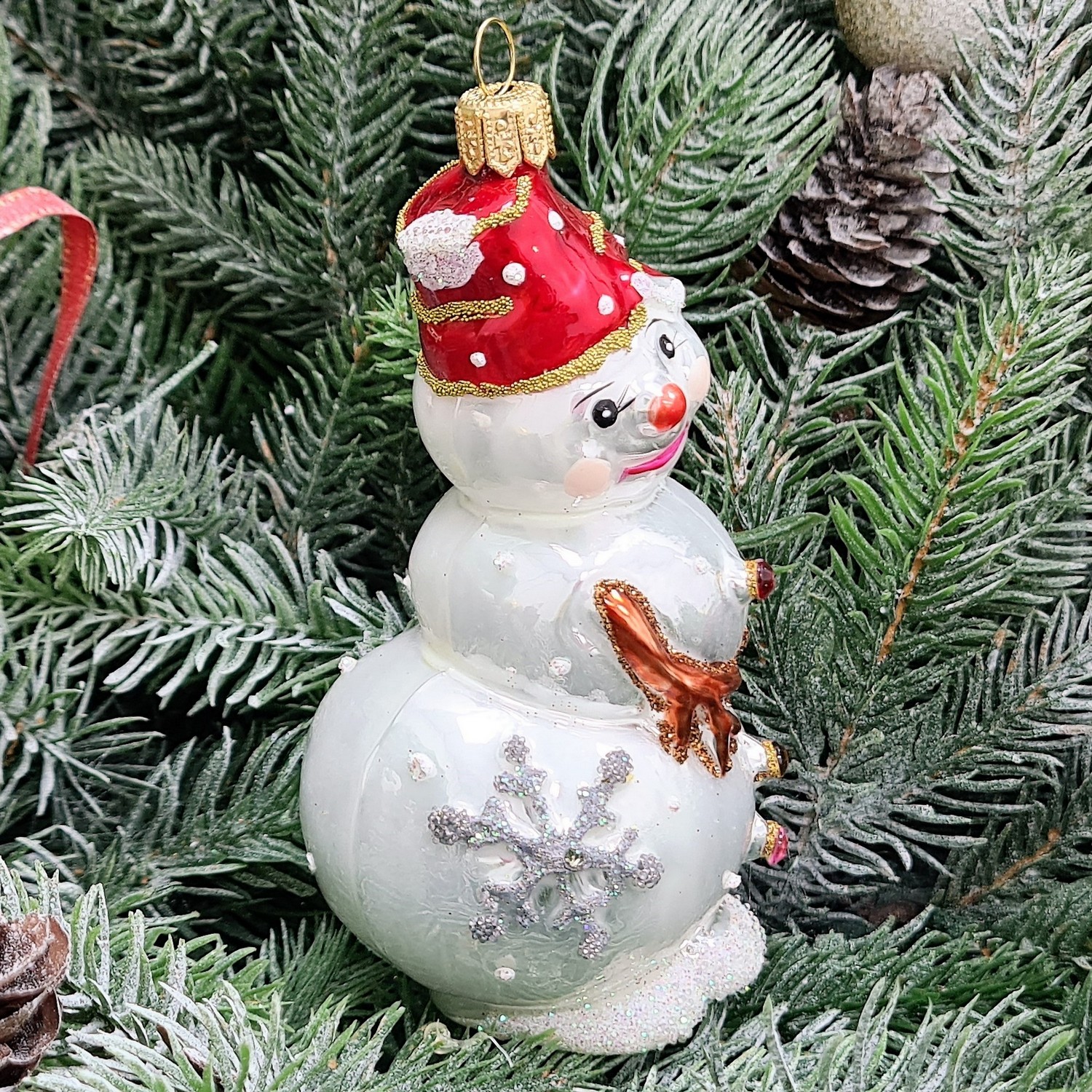 фото Стеклянная елочная игрушка Снеговик лесной