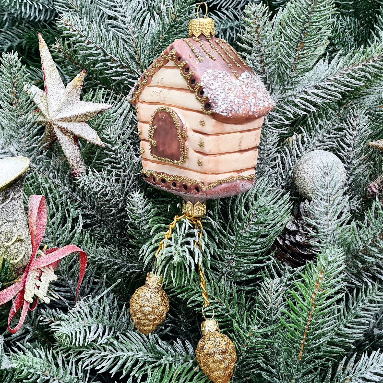 фото Стеклянная елочная игрушка Часы с кукушкой винтаж