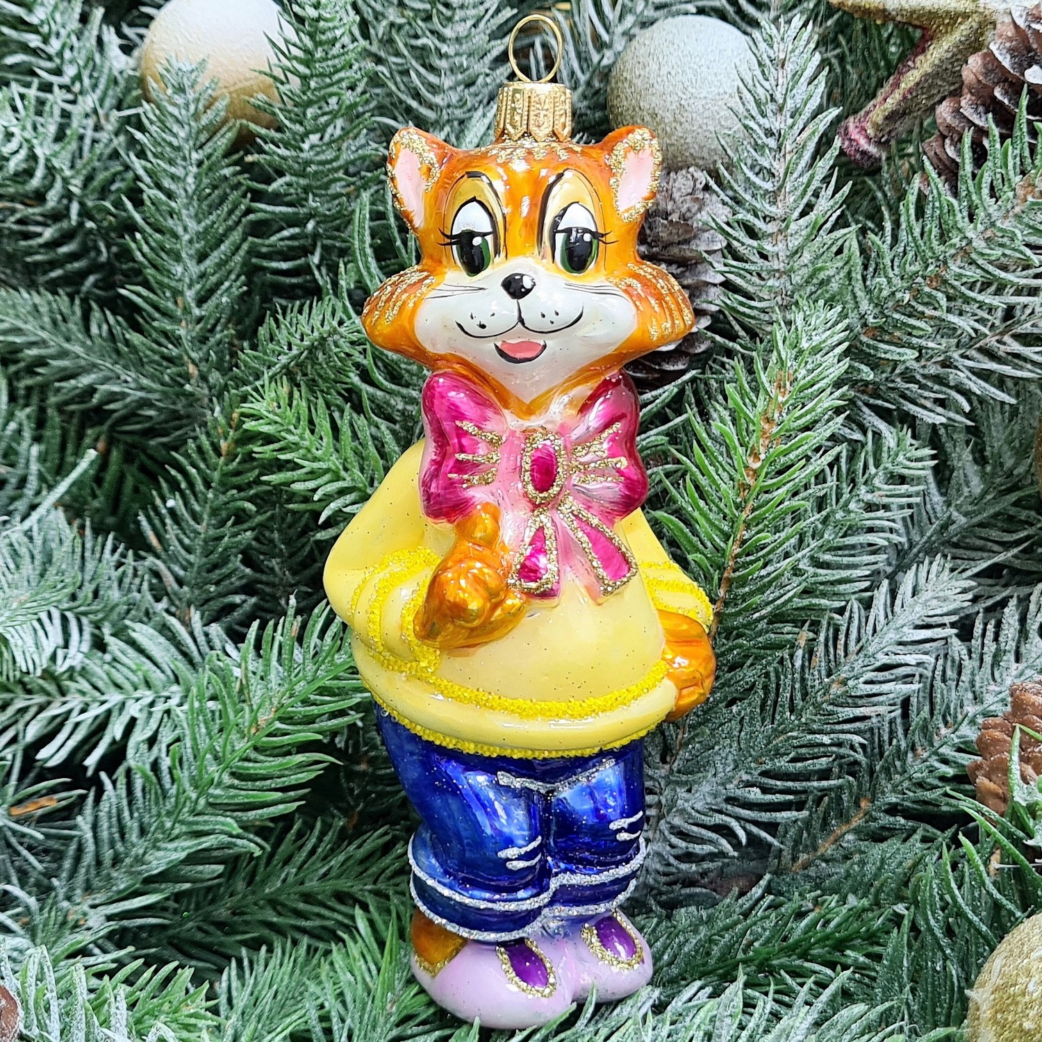 фото Стеклянная елочная игрушка Кот с бантом