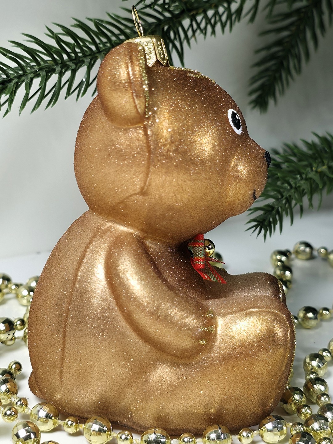 фото Стеклянная елочная игрушка Мишка с бантом