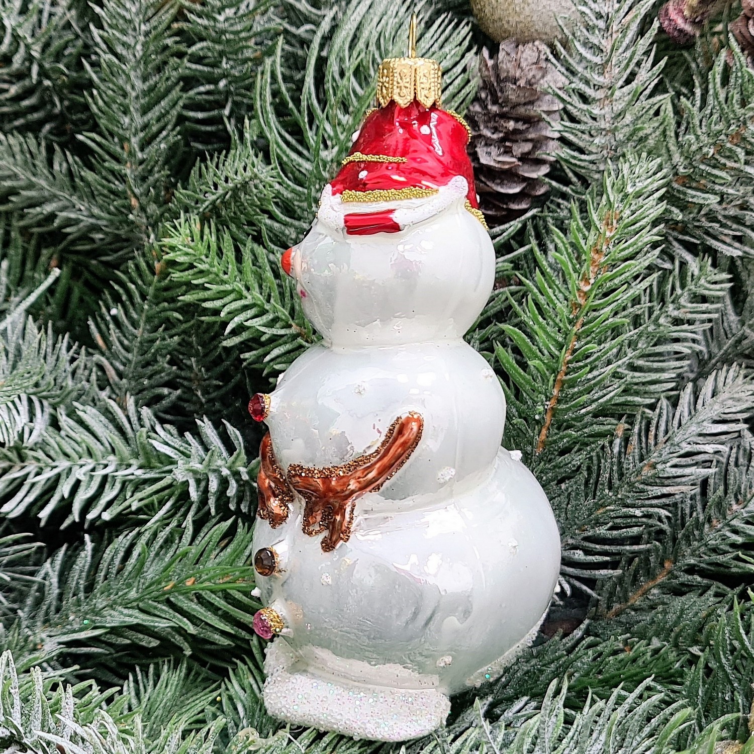 фото Стеклянная елочная игрушка Снеговик лесной