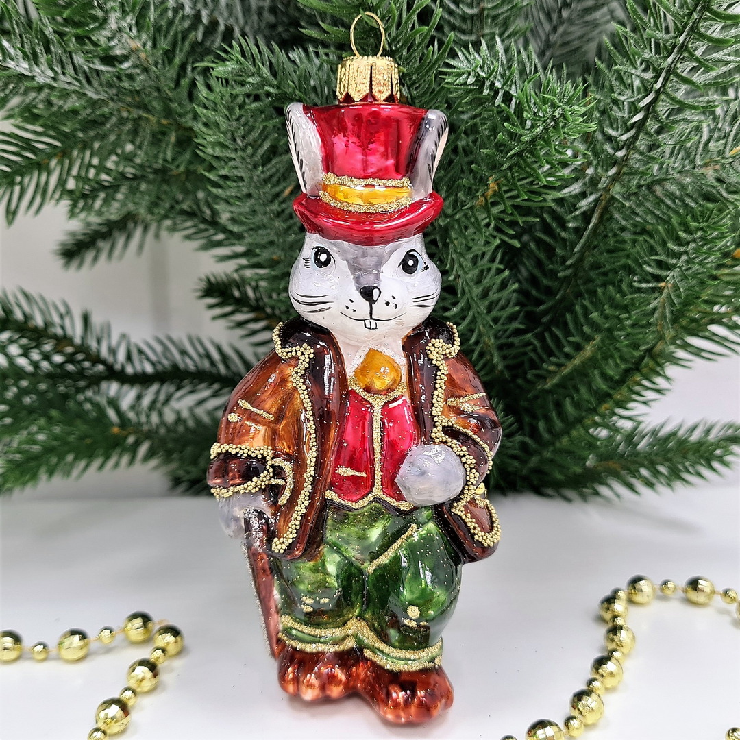 фото Стеклянная елочная игрушка Заяц джентельмен-1