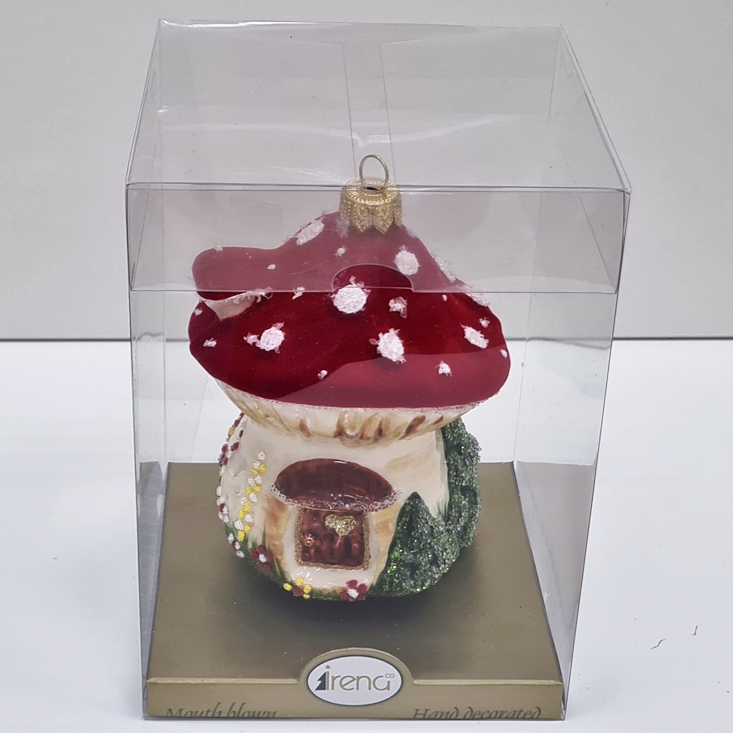 фото Стеклянная елочная игрушка Грибок домик