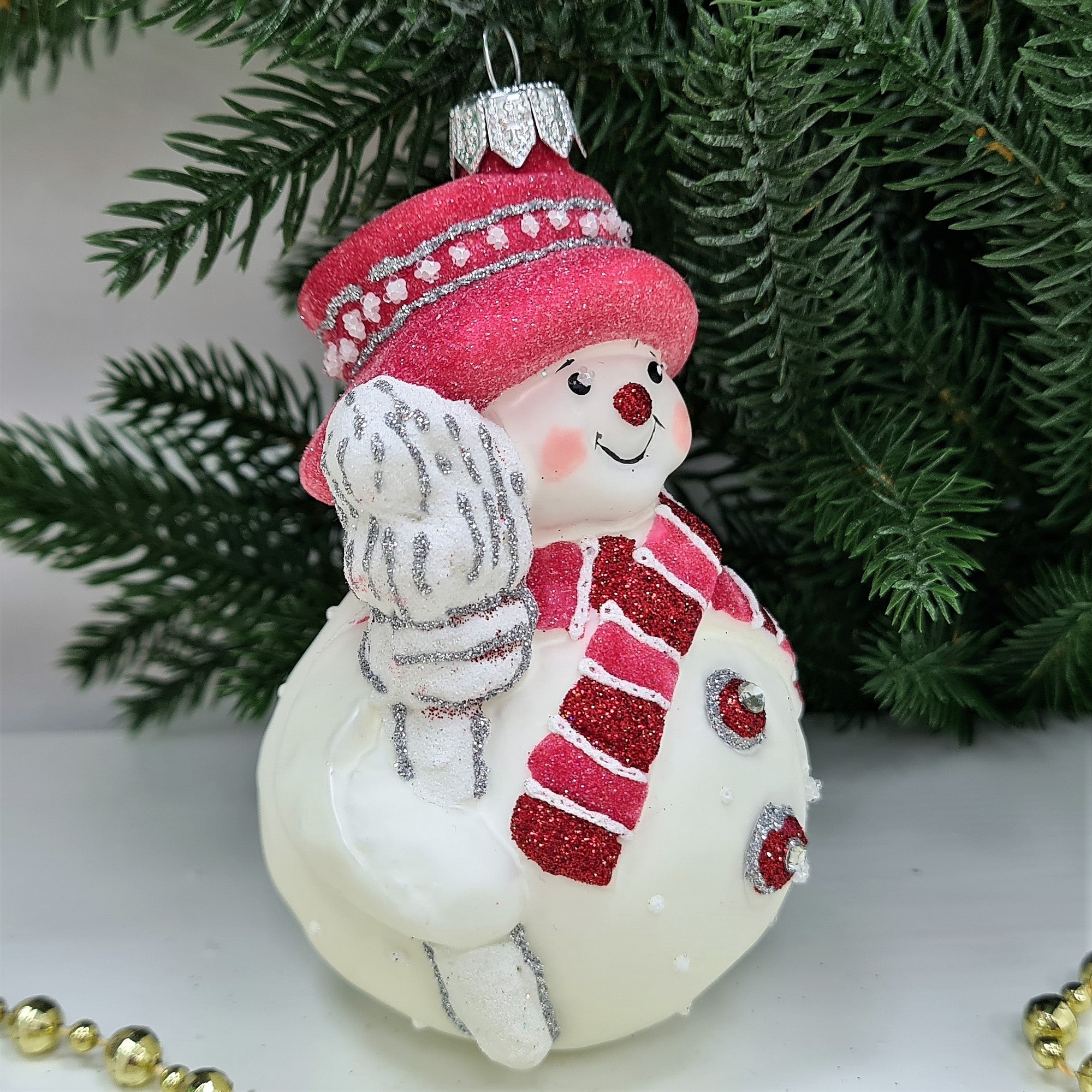 фото Стеклянная елочная игрушка Снеговик