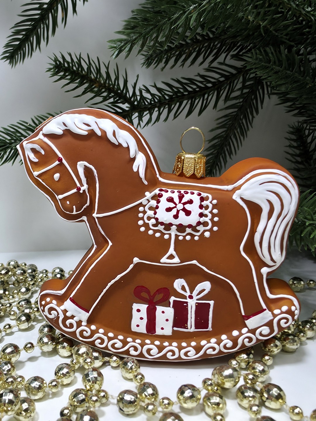 фото Стеклянная елочная игрушка Лошадка пряник