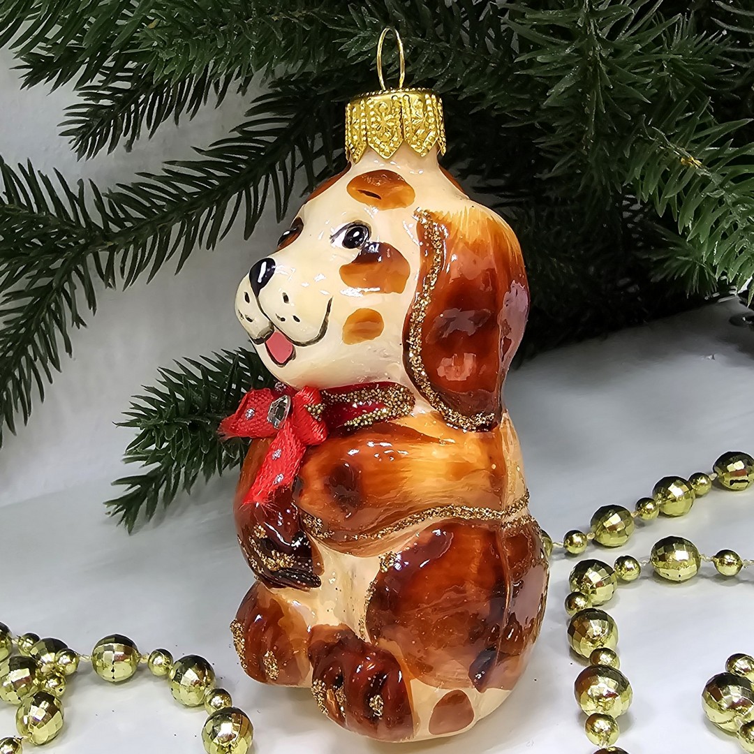 фото Стеклянная елочная игрушка Щенок рыжий