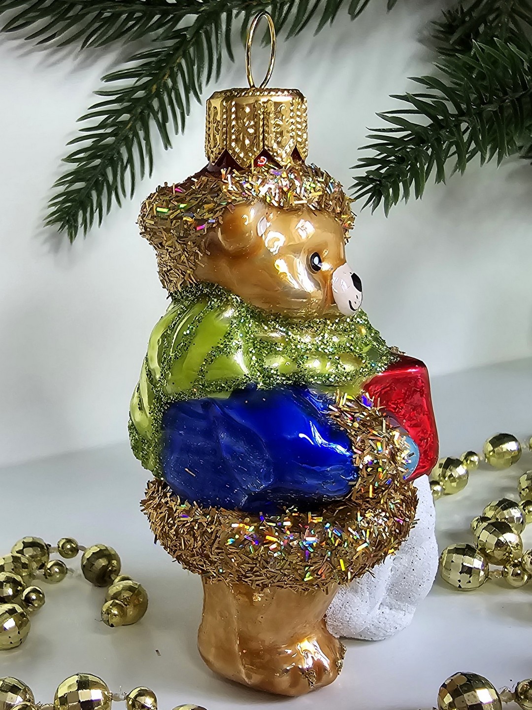 фото Стеклянная елочная игрушка Мишка с мишкой