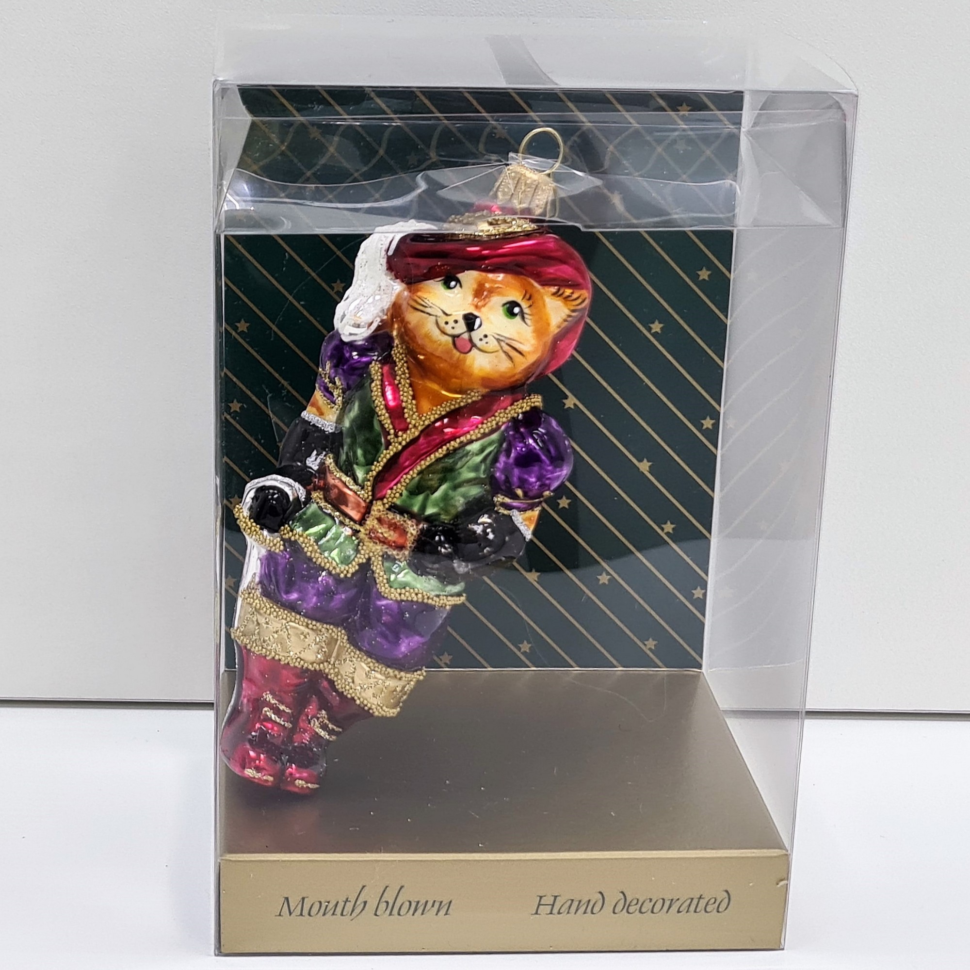 фото Стеклянная елочная игрушка Кот в сапогах рыжий