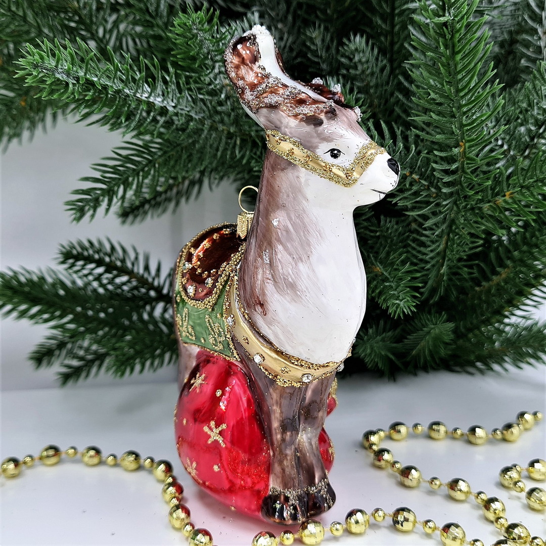 фото Стеклянная елочная игрушка Олень с подарками