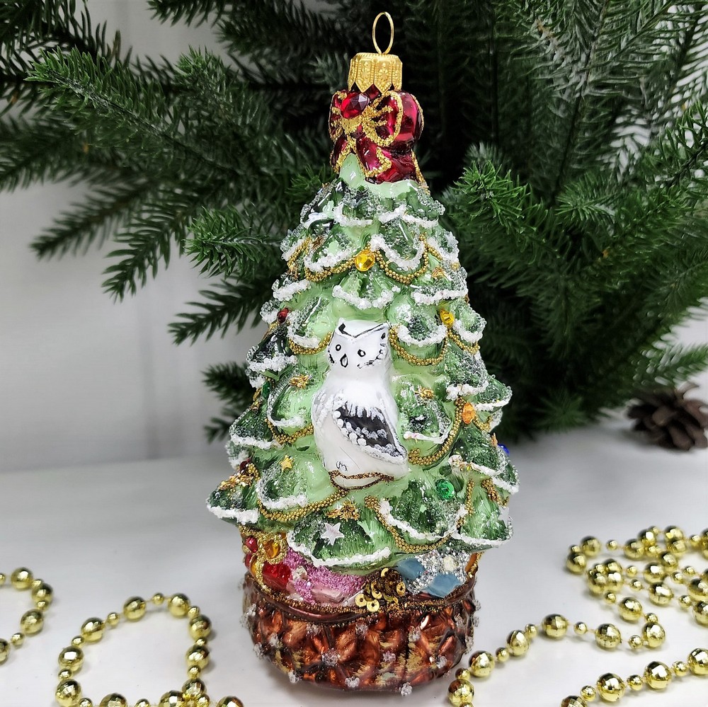 фото Стеклянная елочная игрушка Елка с совой и звездой