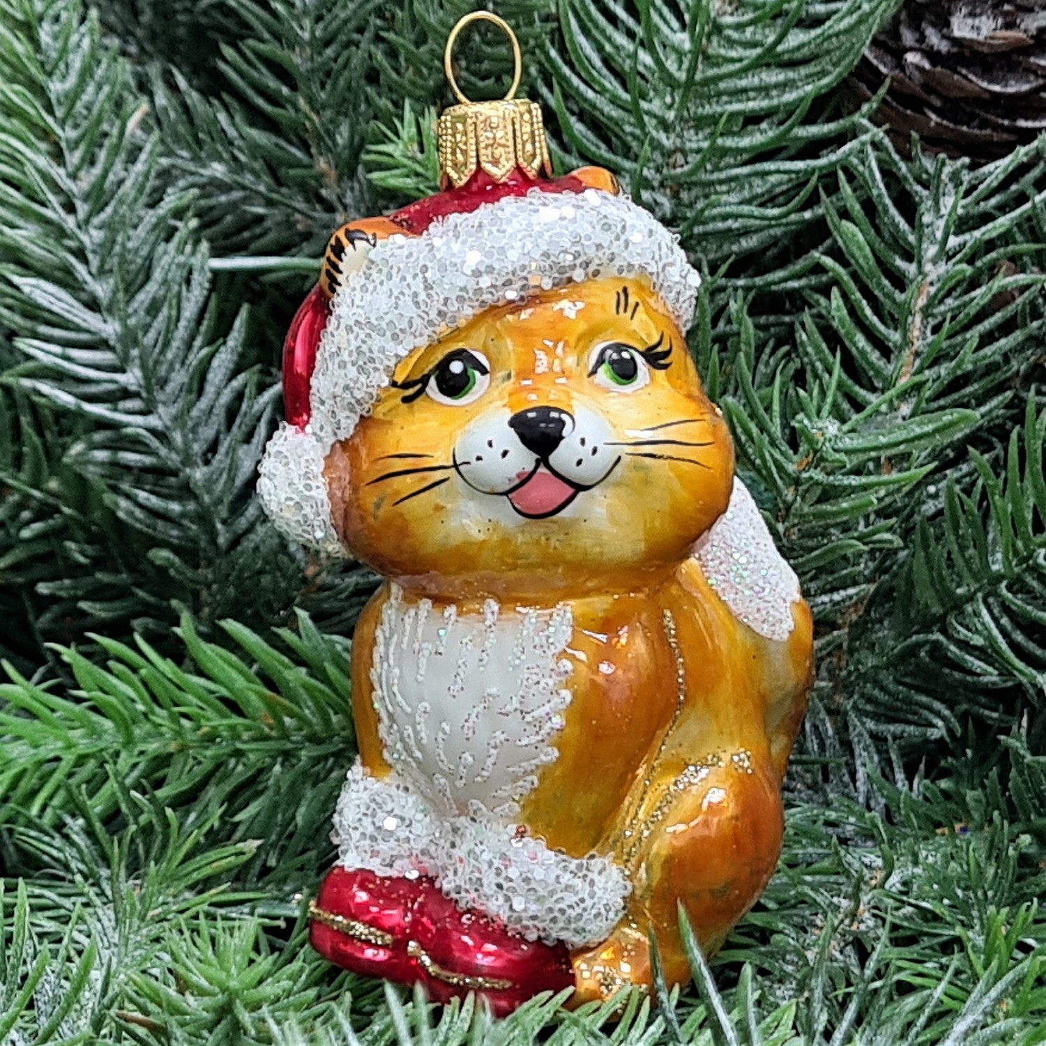 фото Стеклянная елочная игрушка Котенок Санта