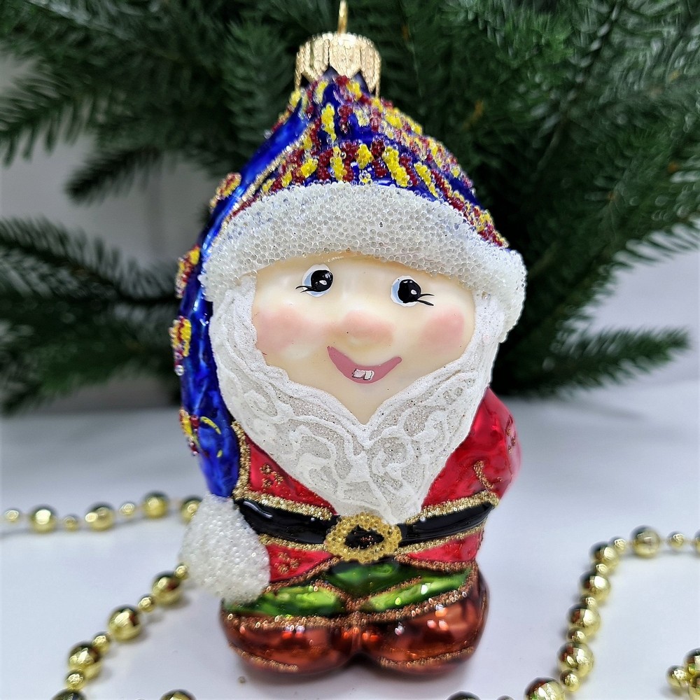 фото Стеклянная елочная игрушка Гном с подарком