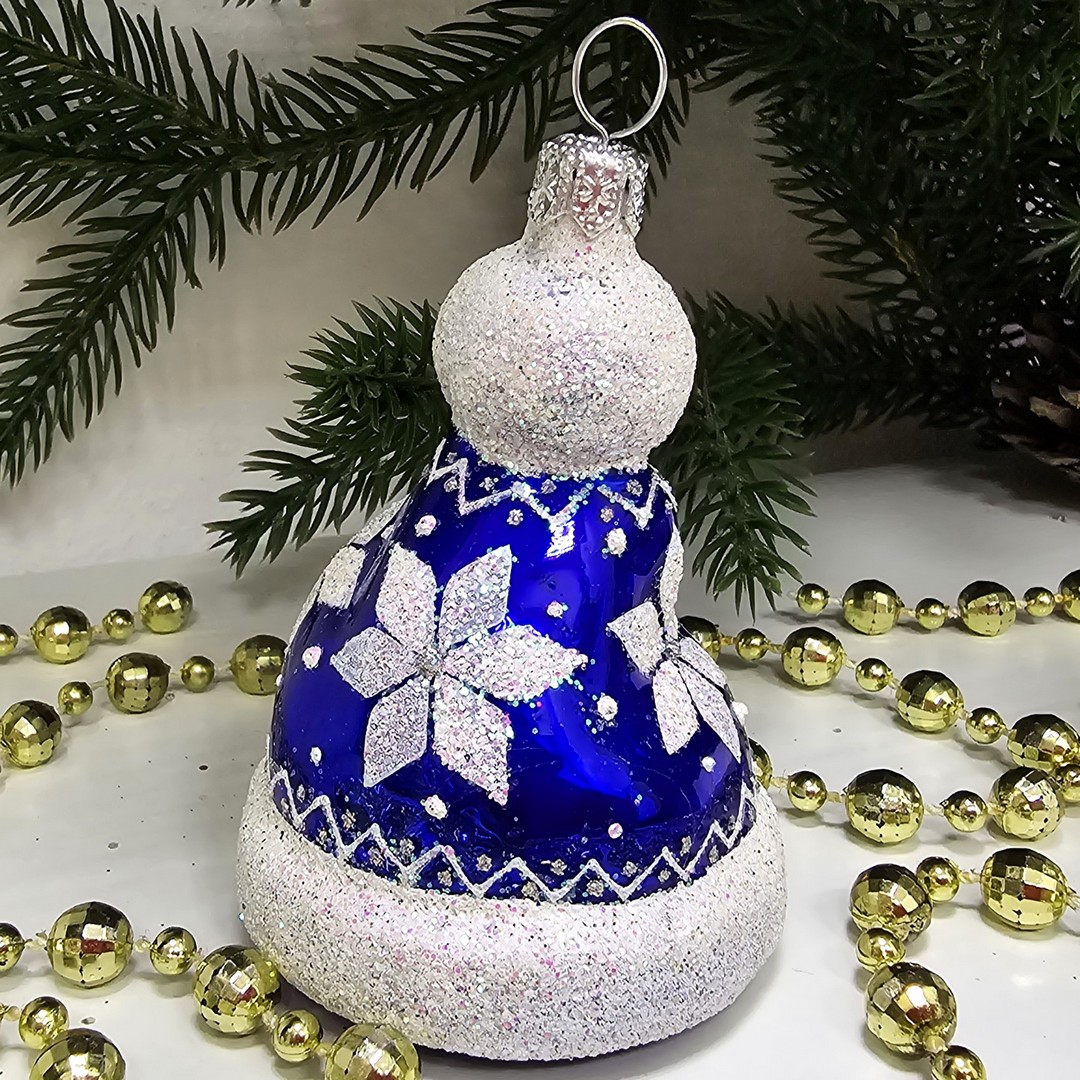 фото Стеклянная елочная игрушка Шапочка синяя