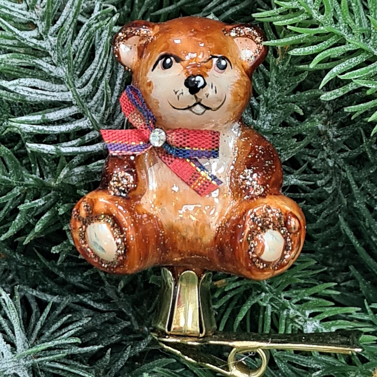 фото Стеклянная елочная игрушка Мишка на прищепке