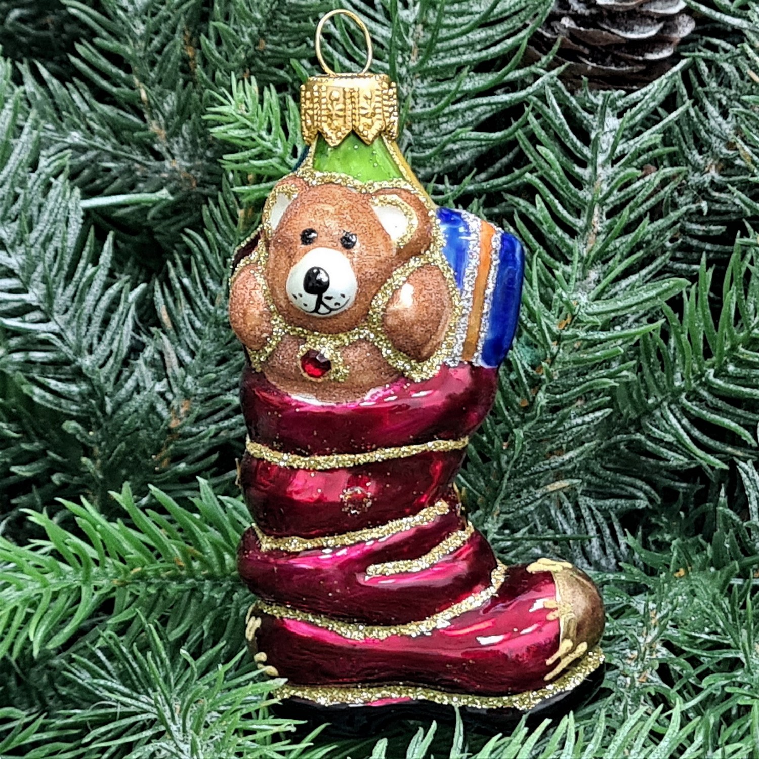 фото Стеклянная елочная игрушка Ботинок с подарками