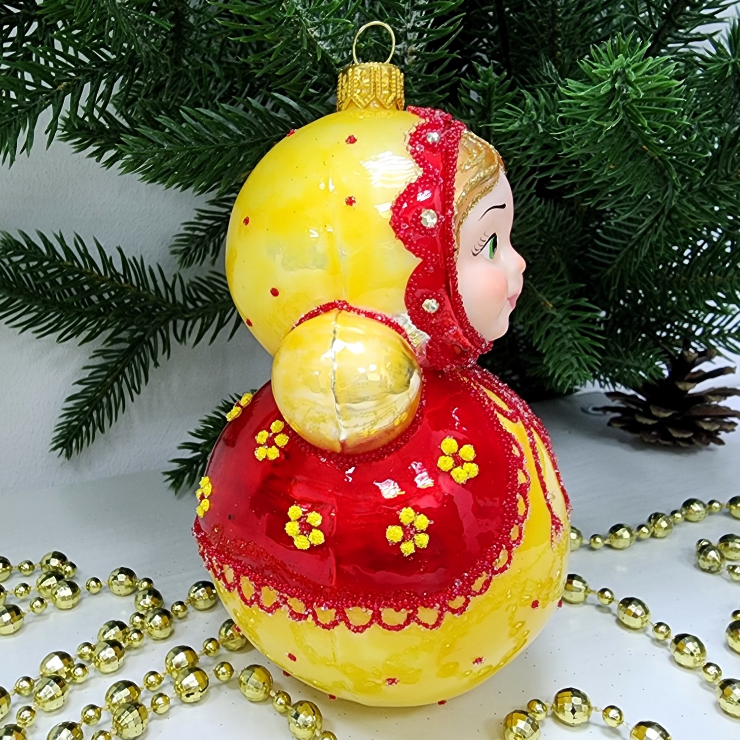 фото Стеклянная елочная игрушка Матрешка неваляшка