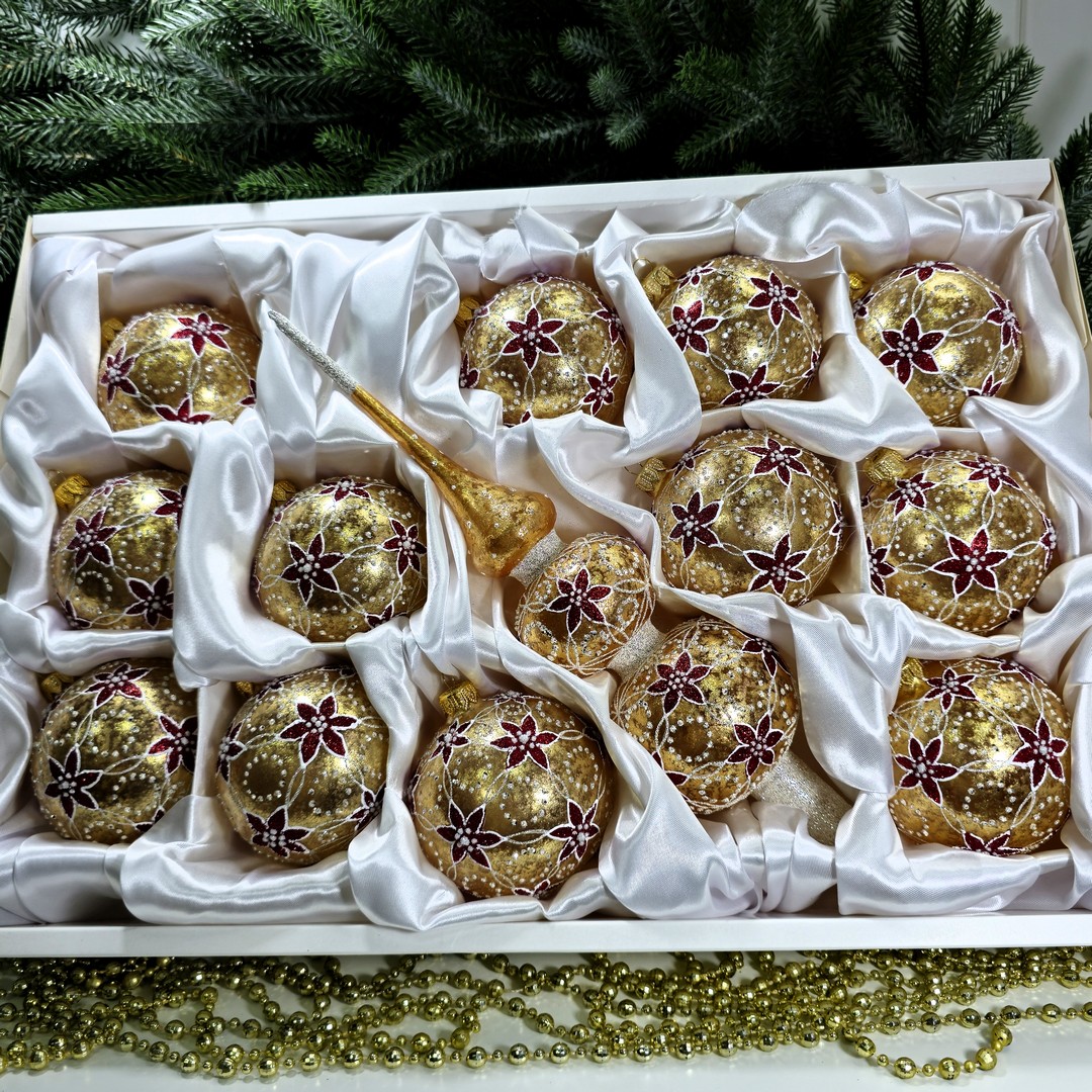 фото Набор елочных игрушек Цветы на золоте