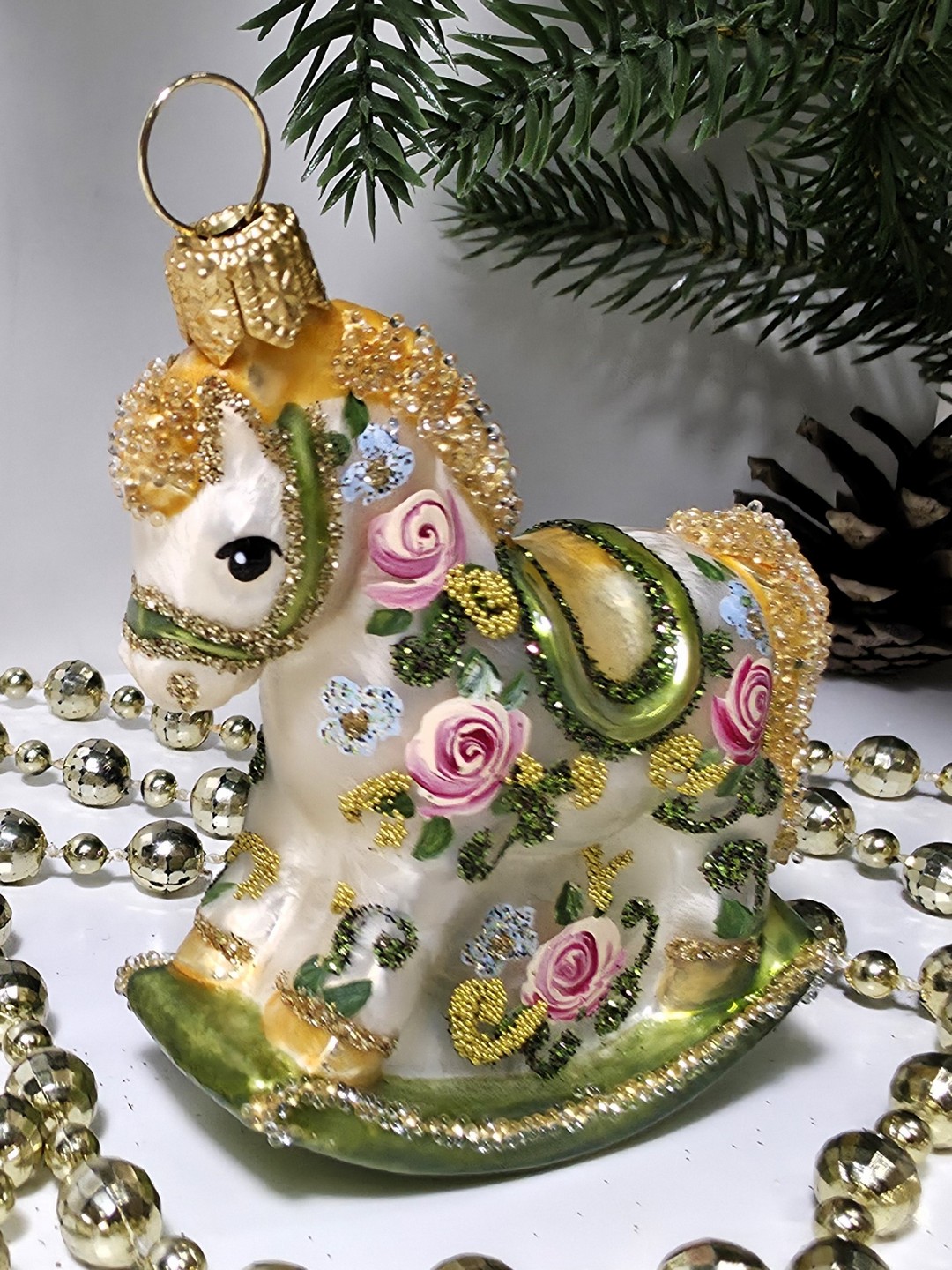 фото Стеклянная елочная игрушка Лошадка качалка Версаль