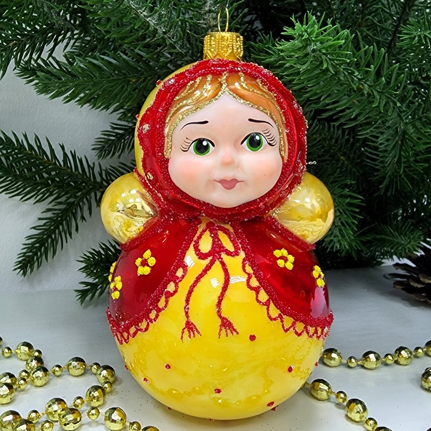 фото Стеклянная елочная игрушка Матрешка неваляшка