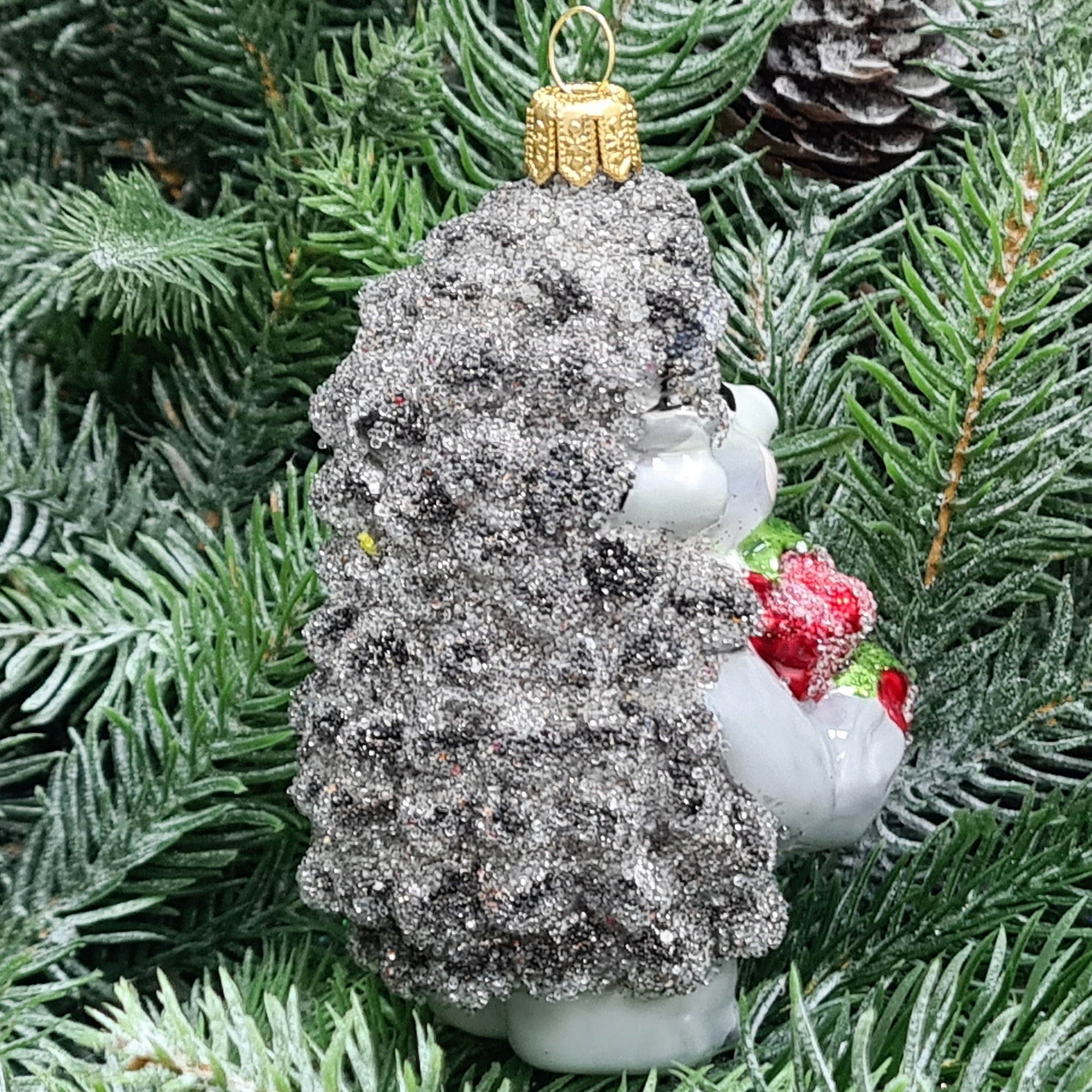 фото Стеклянная елочная игрушка Ежик с малиной