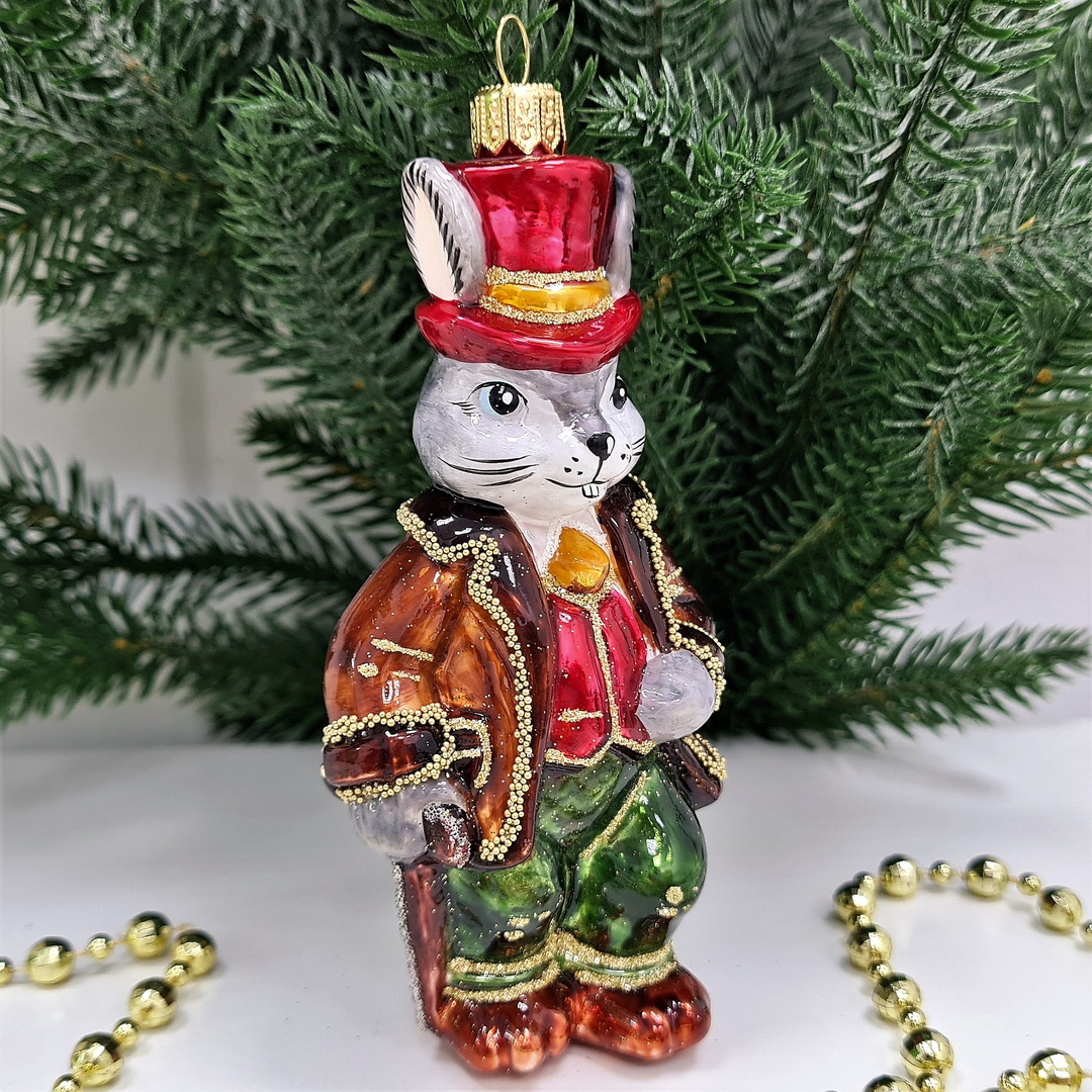 фото Стеклянная елочная игрушка Заяц джентельмен-1