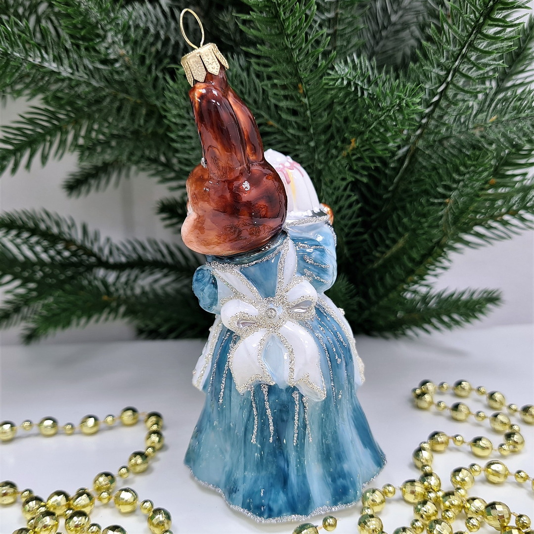 фото Стеклянная елочная игрушка Зайчиха с тортом-1