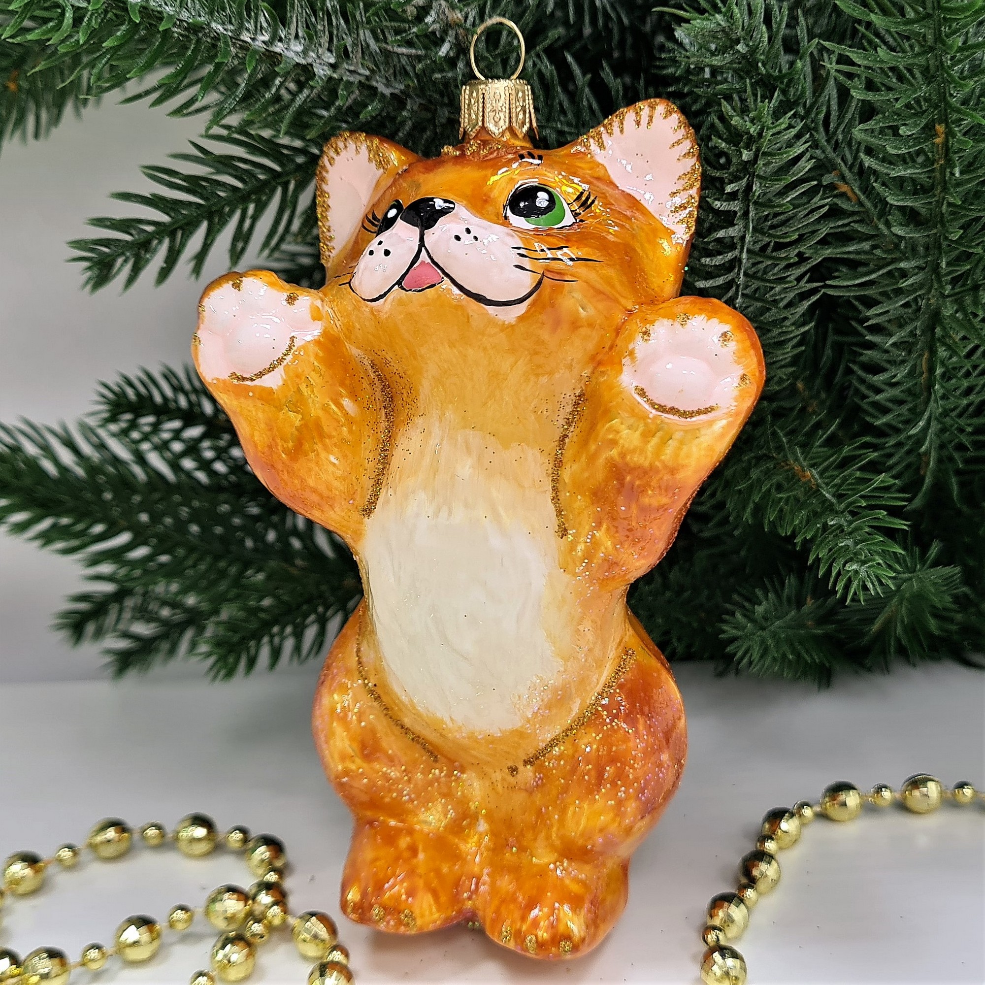 фото Стеклянная елочная игрушка Рыжий котик