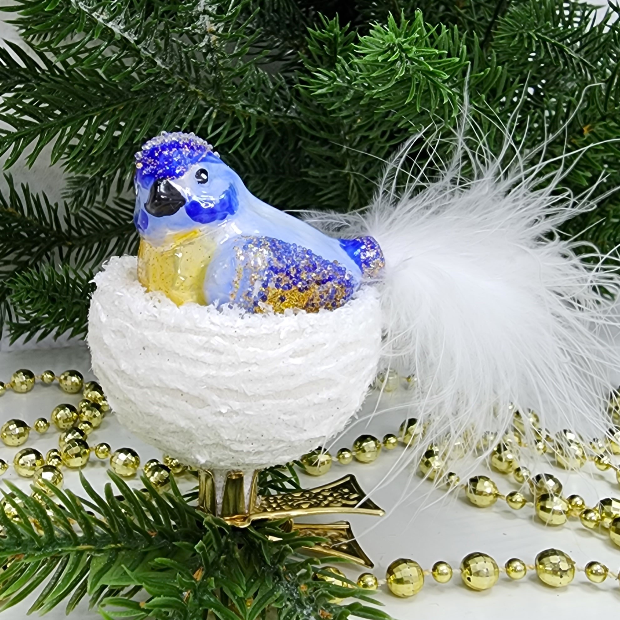 фото Стеклянная елочная игрушка Синичка в гнезде на прищепке