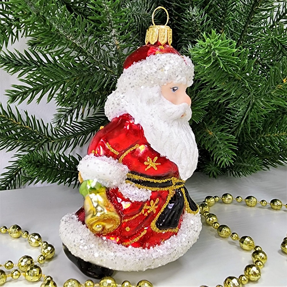 фото Стеклянная елочная игрушка Дед Мороз с колокольчиком