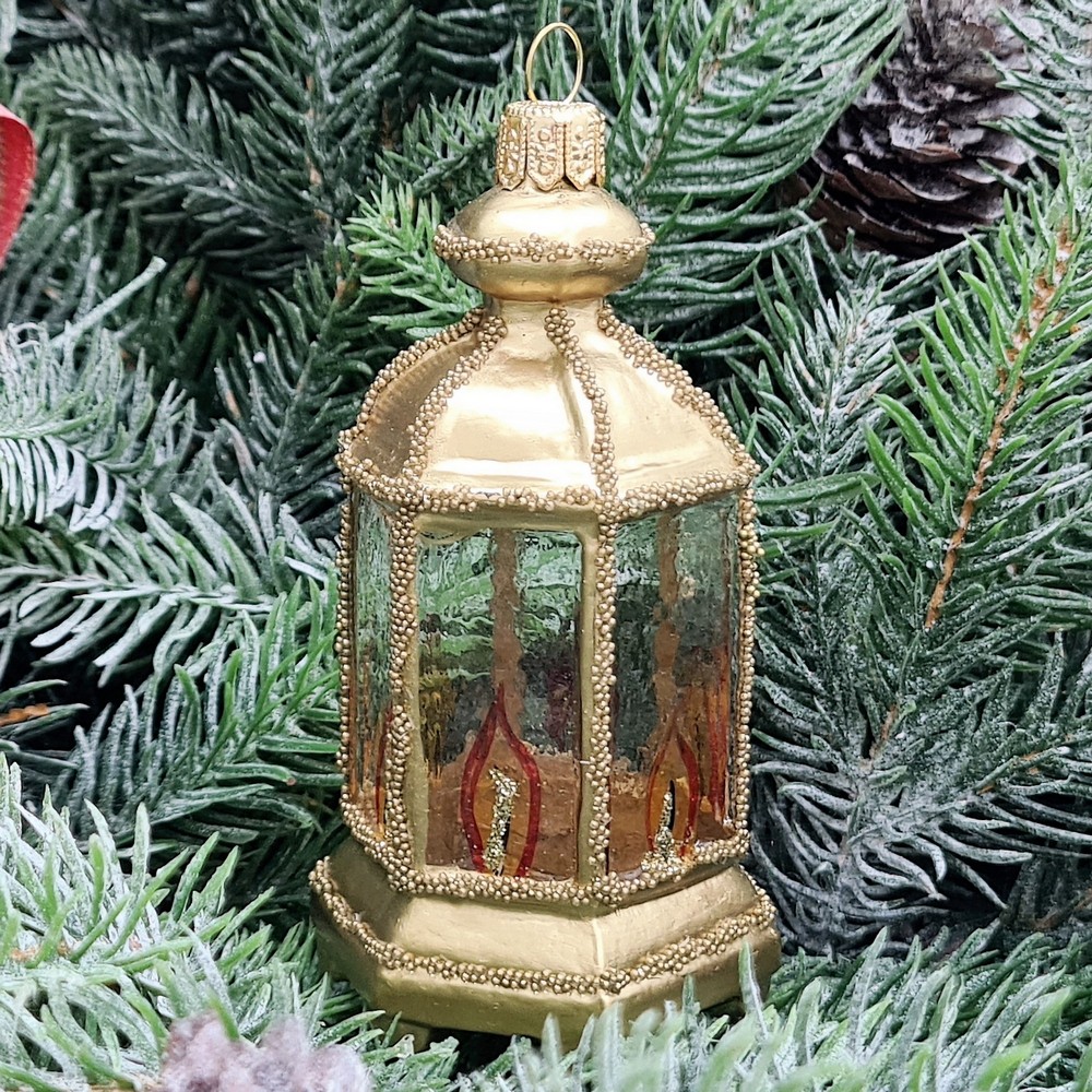 фото Стеклянная елочная игрушка Фонарик золотой