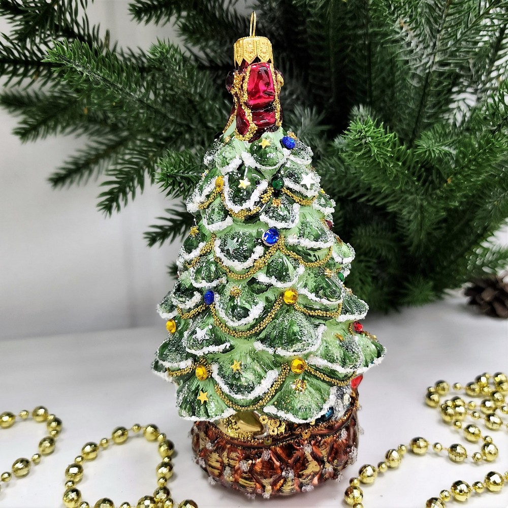 фото Стеклянная елочная игрушка Елка с совой и звездой