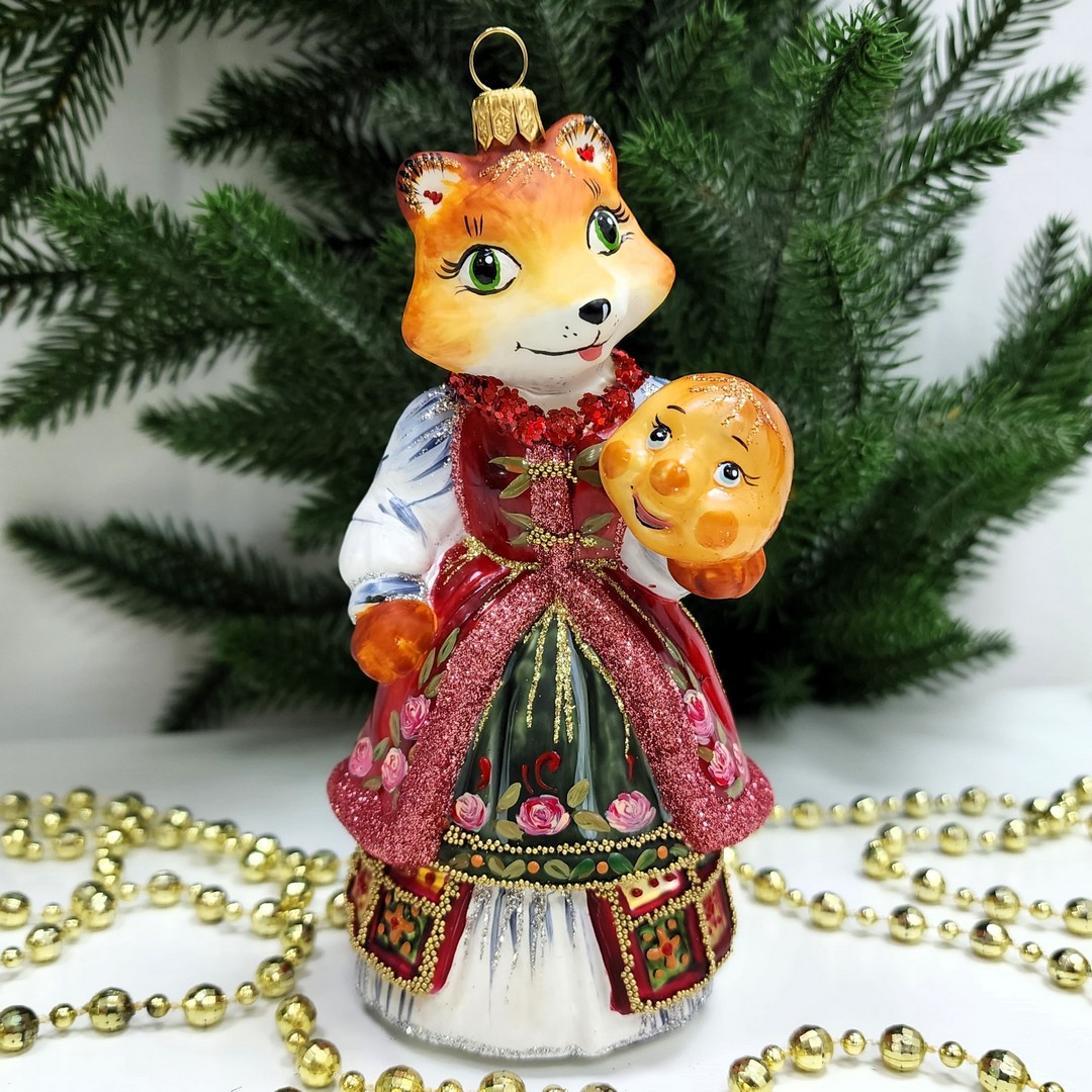 фото Стеклянная елочная игрушка Лиса с колобком