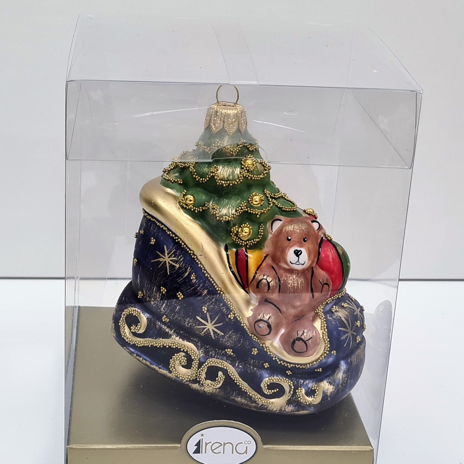 фото Стеклянная елочная игрушка Сани с подарками винтаж