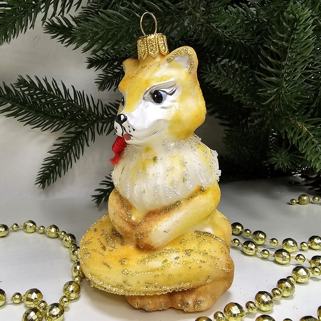 фото Стеклянная елочная игрушка Лисичка на хвостике сахар