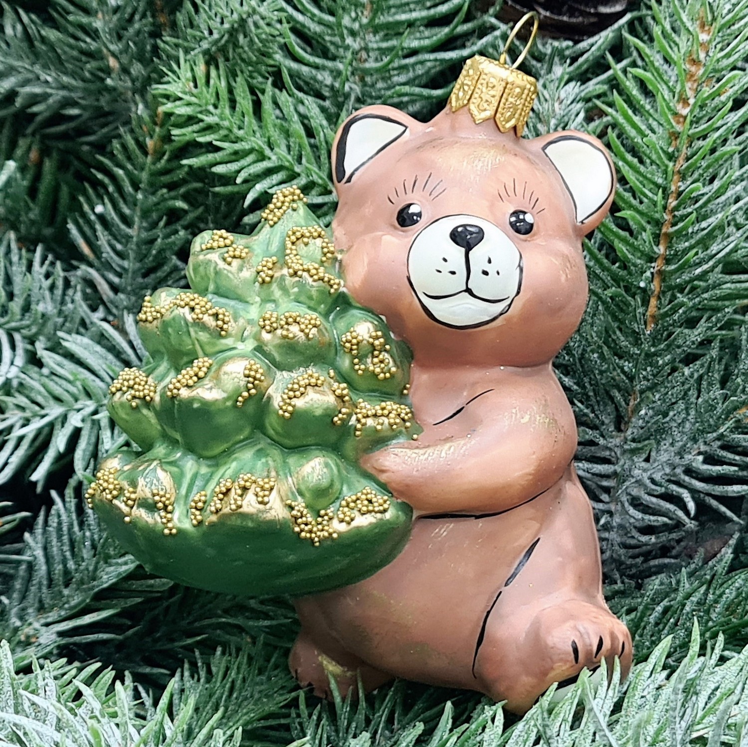 фото Стеклянная елочная игрушка Мишка с елкой винтаж