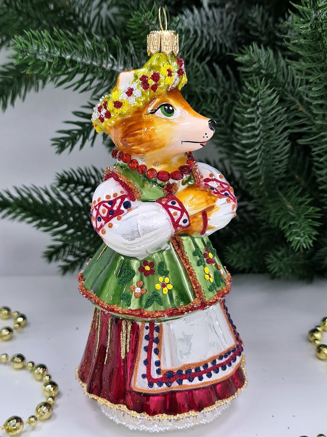 фото Стеклянная елочная игрушка Лиса в веночке