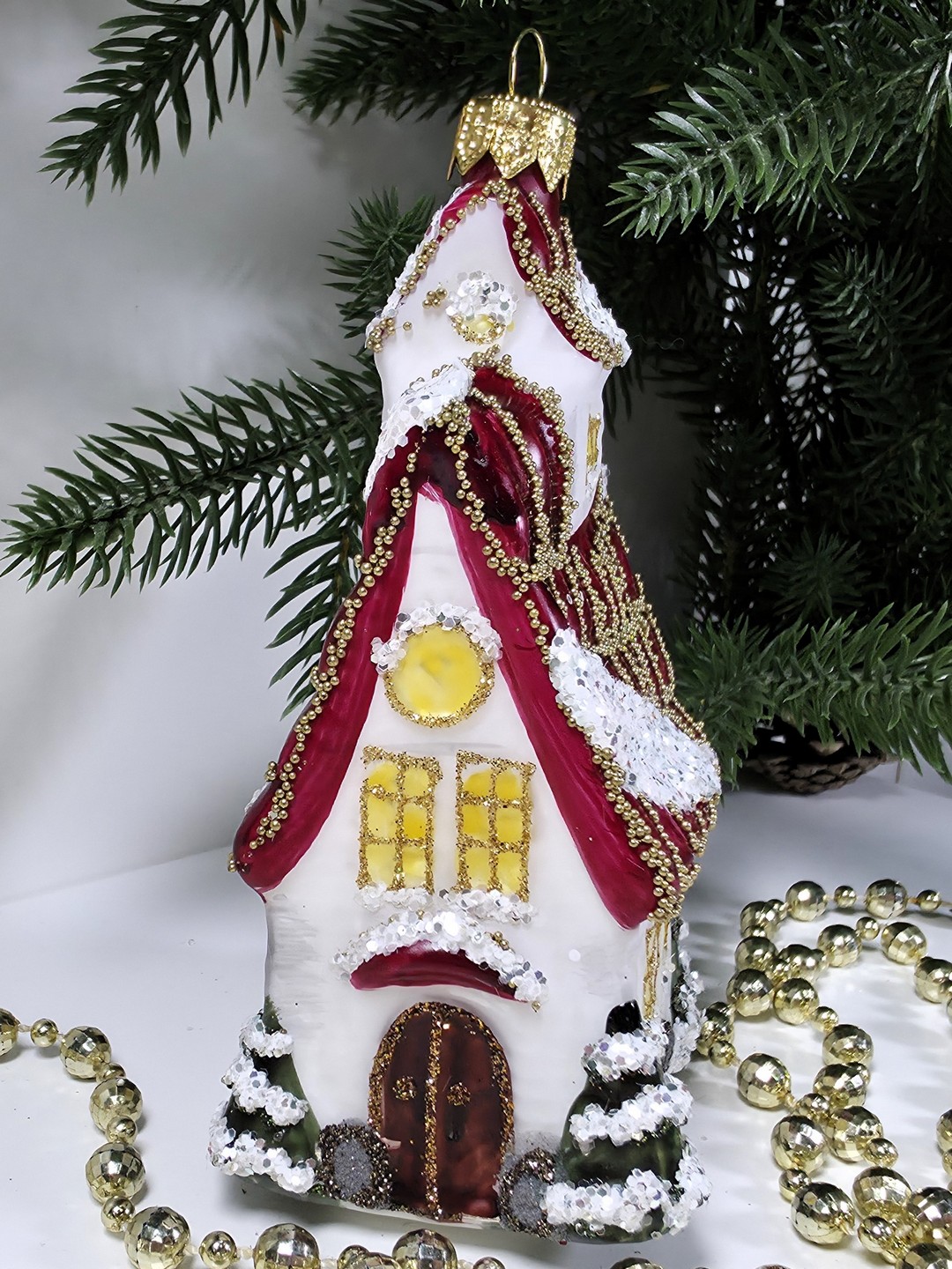 фото Стеклянная елочная игрушка Домик с острой крышей