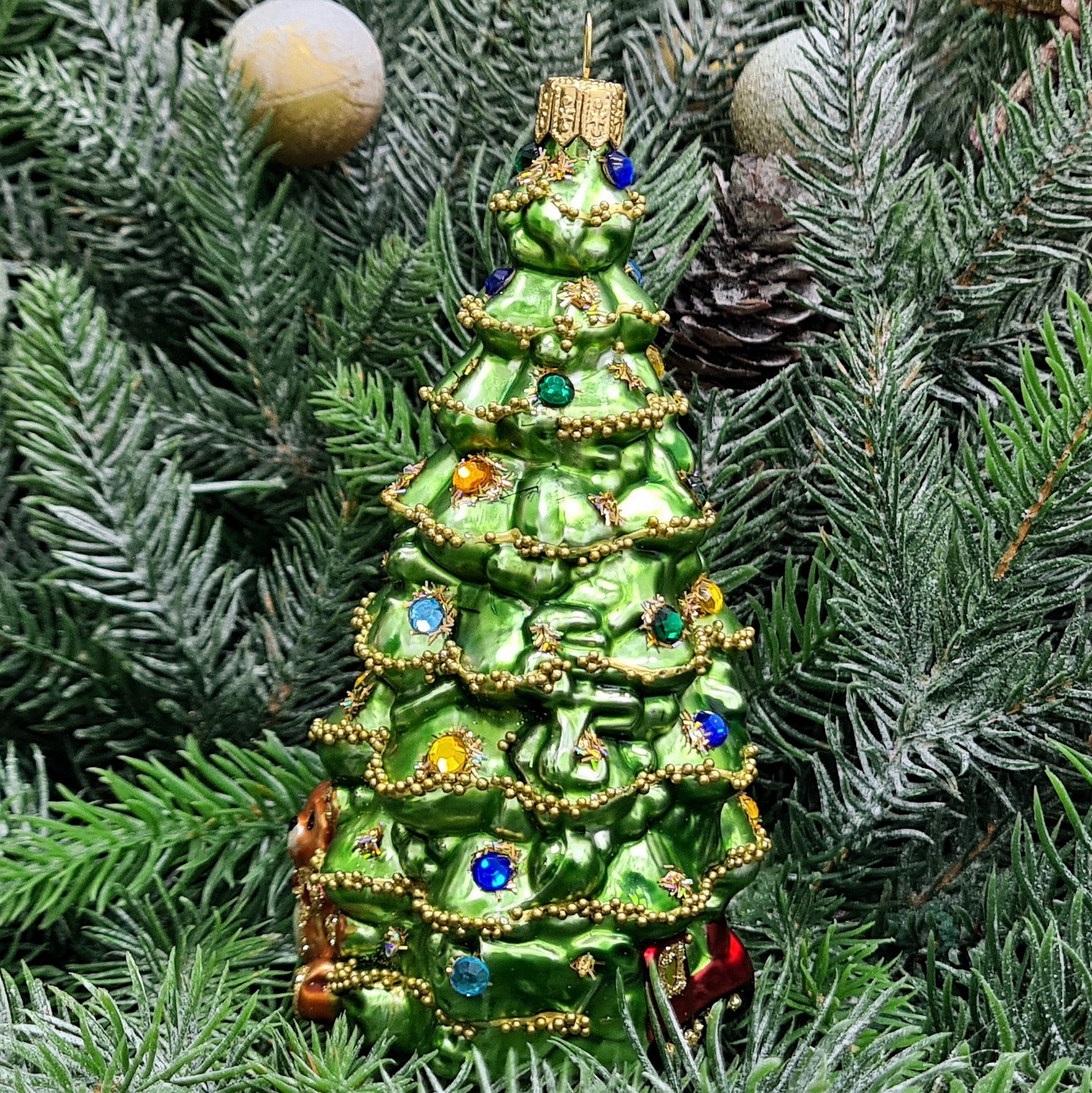 фото Стеклянная елочная игрушка Елочка с лошадкой