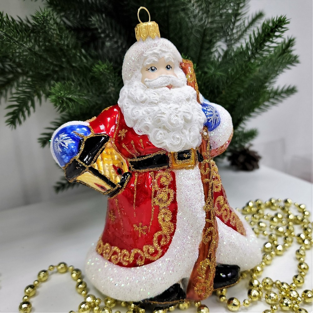 фото Стеклянная елочная игрушка Дед Мороз с фонарем