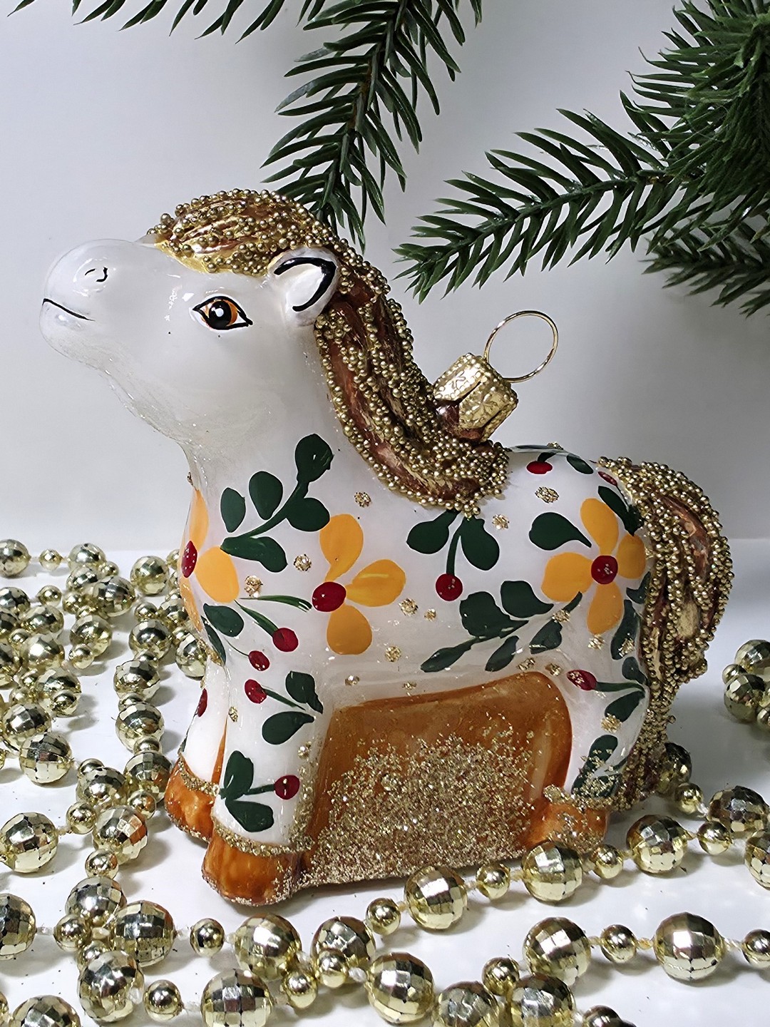 фото Стеклянная елочная игрушка Лошадка расписная